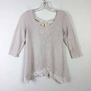 Moa Moa Cream 3/4 Sleeve Knit Sweater Top with Lace Hem & Back Bow Size XS